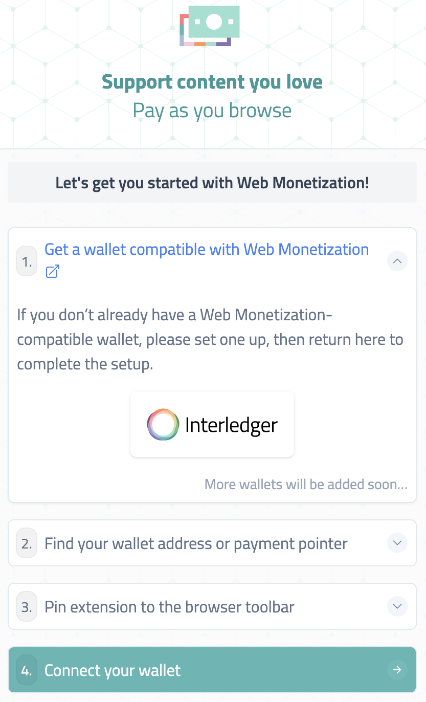 An image of the onboarding screen showing the four steps to configure the extension