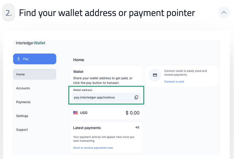 The Interledger Wallet dashboard displaying a wallet address